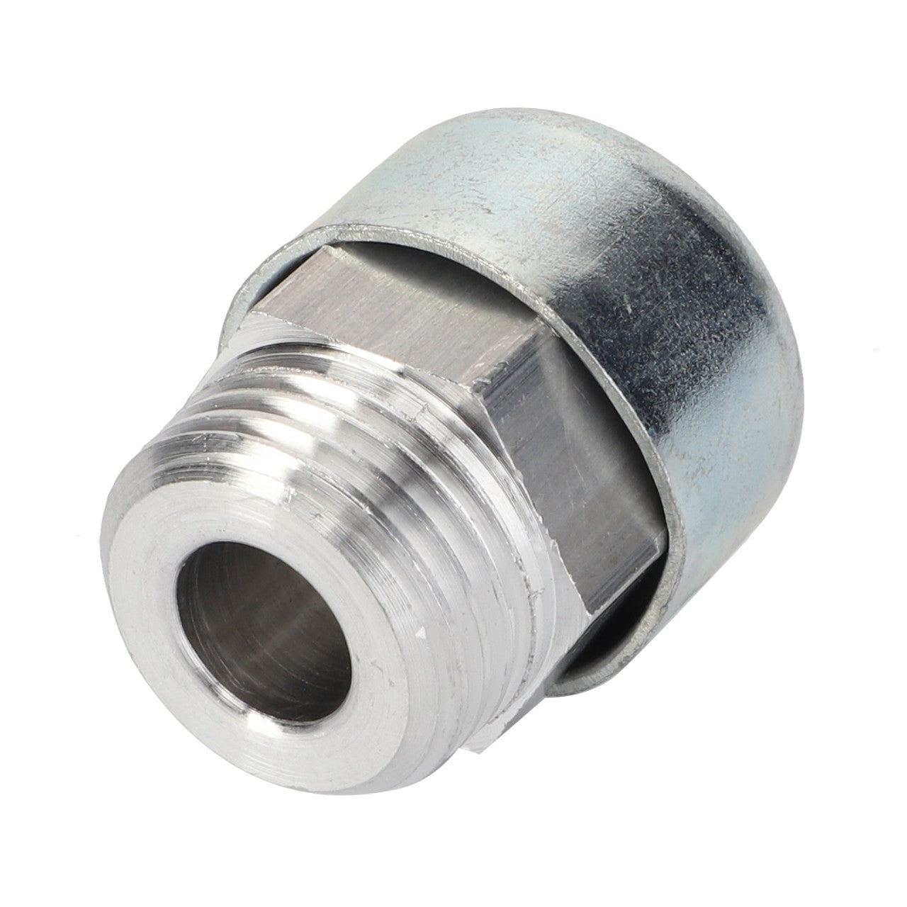 Title: AGCO Breather Plug - La312974500 by AGCO, Featuring a Hexagonal Middle Section

Description: A metal threaded pipe fitting with a hexagonal middle section, displayed on a white background. Detailed product description currently unavailable.