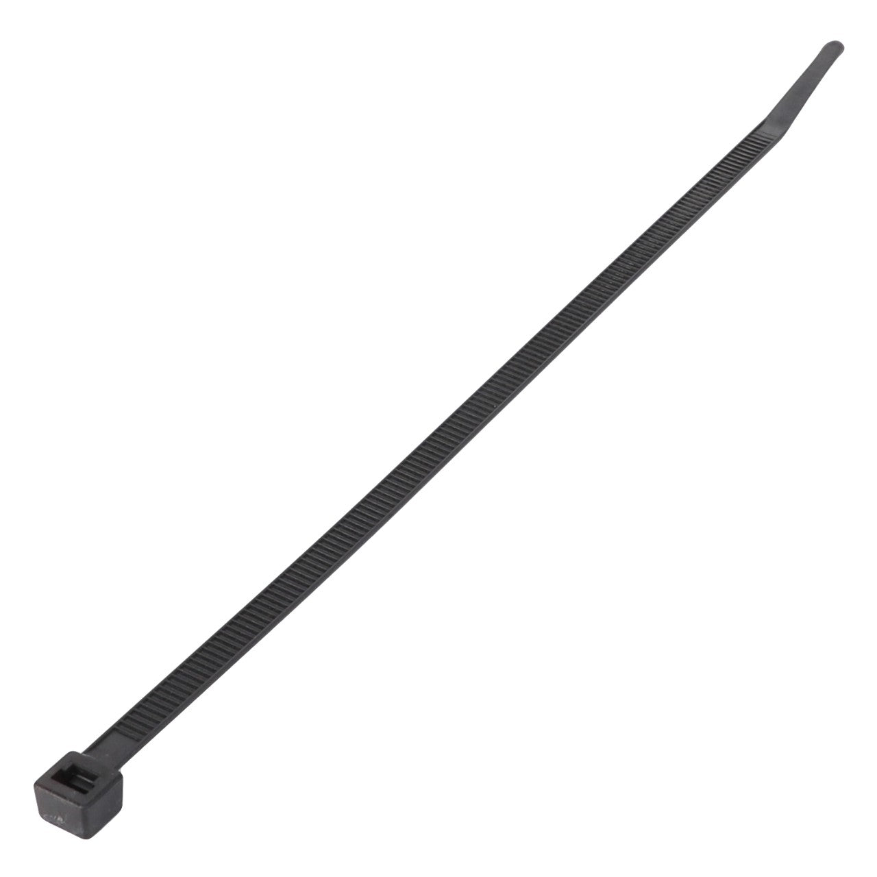 A single AGCO | CABLE TIE - D45039100 in black features a textured surface and a robust locking mechanism at one end, designed for efficiently bundling and securely fastening items.