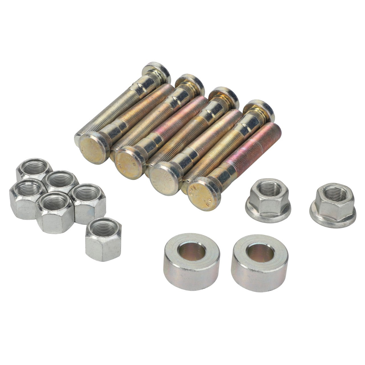 A meticulously arranged AGCO Adapter Kit - Acw0392850, consisting of metallic bolts, nuts, and washers, displayed on a pristine white background. The cylindrical bolts feature precisely threaded ends, and the nuts and washers maintain a perfectly circular form.