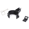 The AGCO HOLDER - AL5215208 features a black plastic mount with a metal bracket and a separate clip, designed specifically for AGCO's original parts and front loader systems. The product is displayed on a white background.