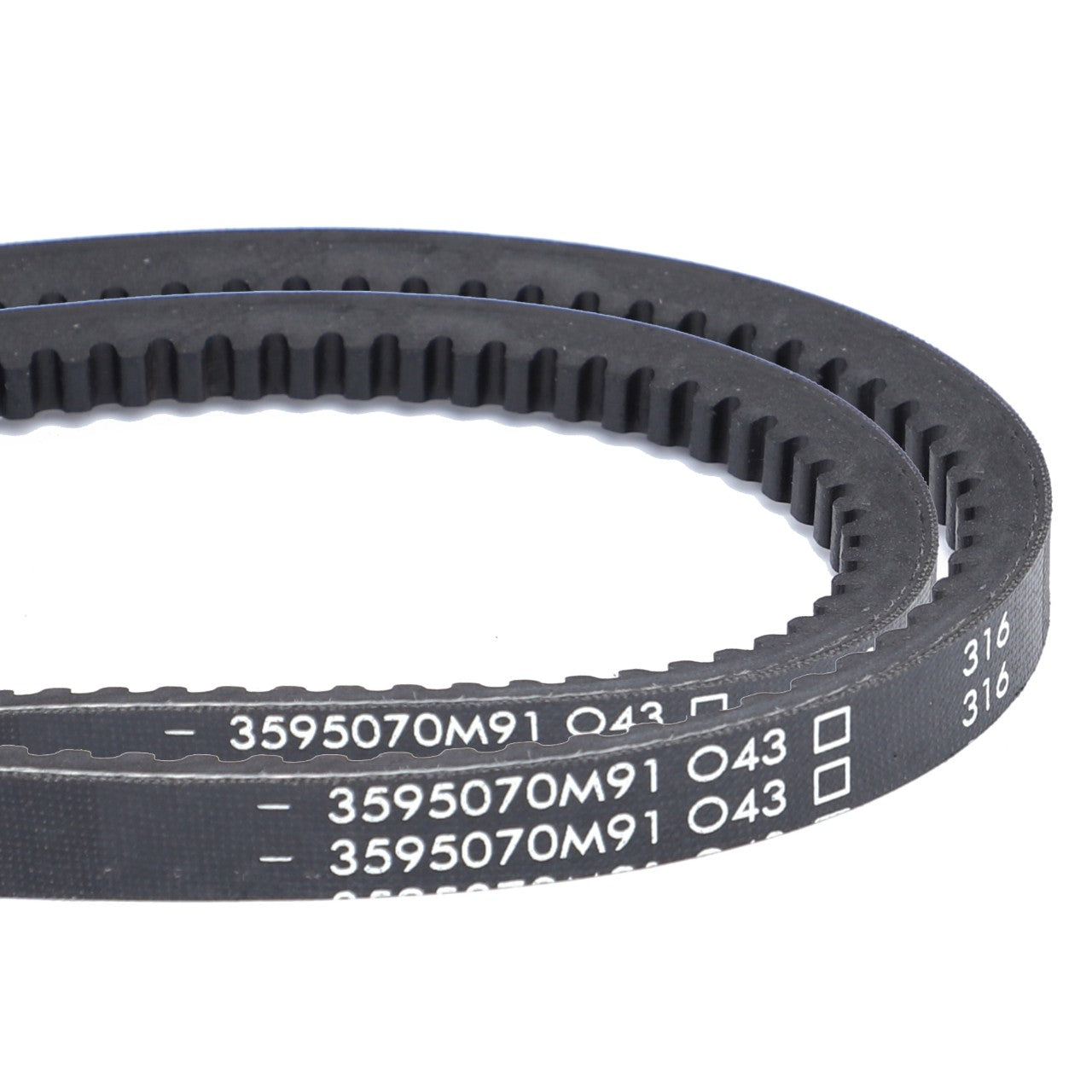 Close-up of a black rubber AGCO V-belt with white alphanumeric markings, including "3595070M91" and "316." The belt, an optimal performance part of the AGCO Genuine V-Belts lineup, has ridges along its inner surface and is used in Massey Ferguson machinery. This product is sold as a matched pair.