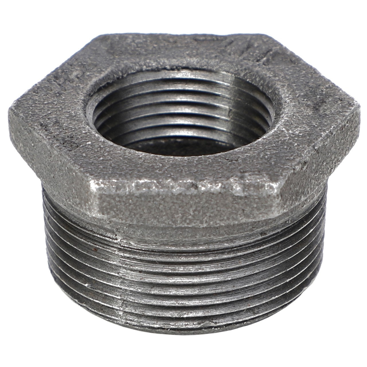 The AGCO BUSH - AG554812 is a hexagonal metal reducing bushing with both internal and external threading, designed for connecting pipes of varying sizes.