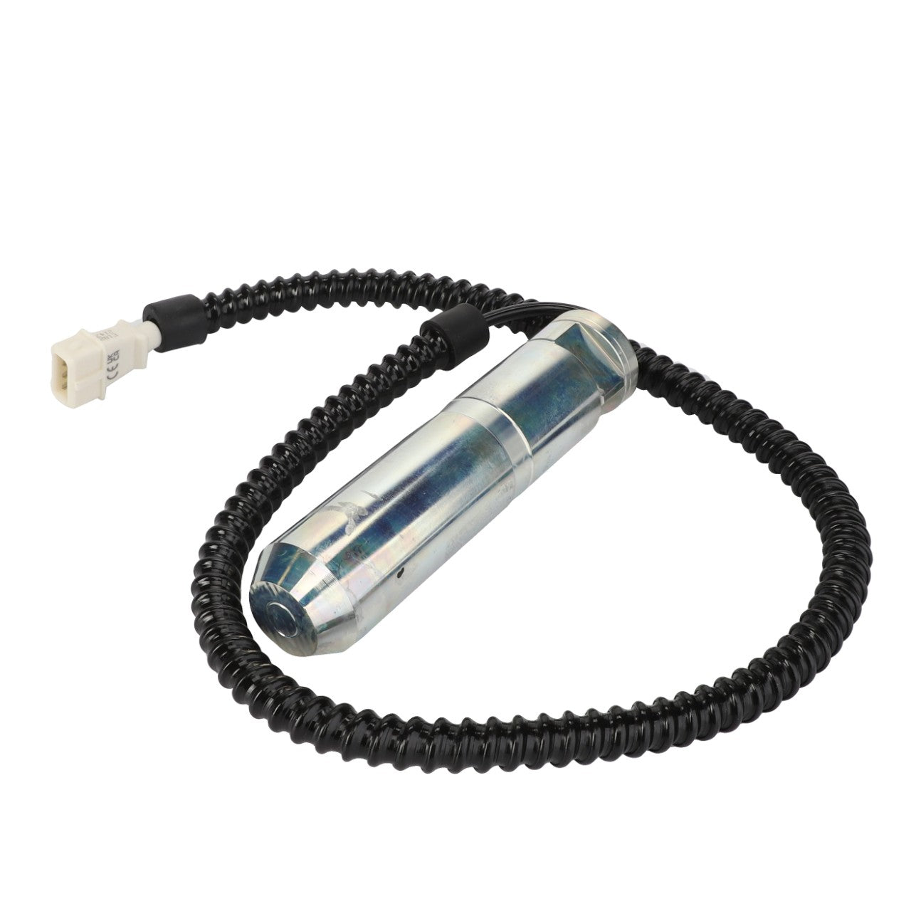 The AGCO | LOAD BOLT - F816860070011 by AGCO features a cylindrical metal sensor with an attached coiled black cable that seamlessly terminates in a sleek white connector.