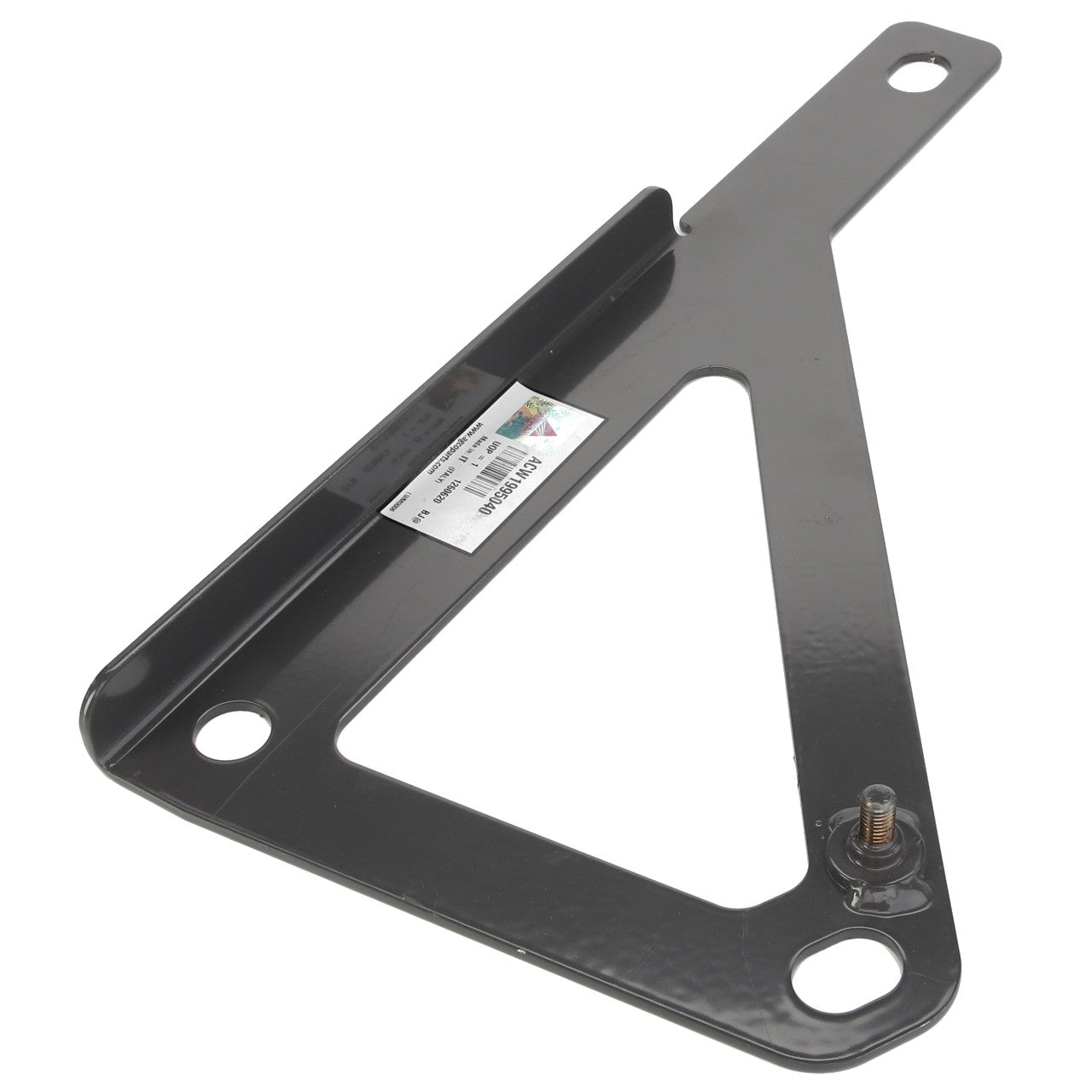 The AGCO Right Hand Bracket - Acw1995040 is a metallic bracket with a triangular cutout, featuring three circular mounting holes and a small label attached near one corner. No current product description information is available for further details.