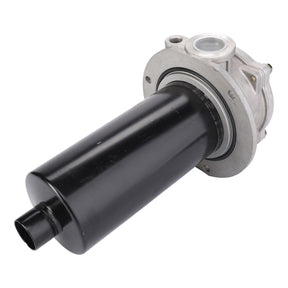 A cylindrical automotive part with a black body and a silver attachment section, the AGCO Hydraulic Filter Assembly - D45165800 features a visible mounting flange and connection points, ensuring ease of use and maintenance while promoting cleaner transmission oil.
