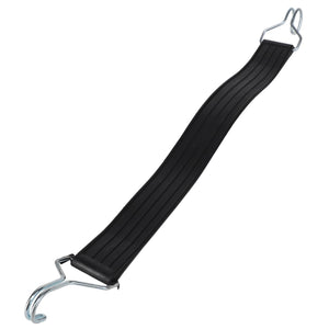 The AGCO Band Clamp - H931812100310 is a black rubber bungee strap with metal hooks on each end, designed for securing or binding objects, and is compatible with Fendt Vario specifications.