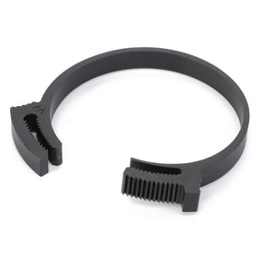 The AGCO | Clip - 3009326X1, a black plastic clamp with serrated teeth at both ends, is used for securing or fastening objects. No current product description available.