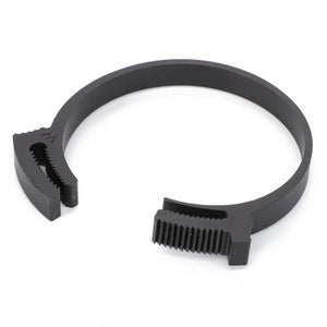 The AGCO | Clip - 3009326X1, a black plastic clamp with serrated teeth at both ends, is used for securing or fastening objects. No current product description available.