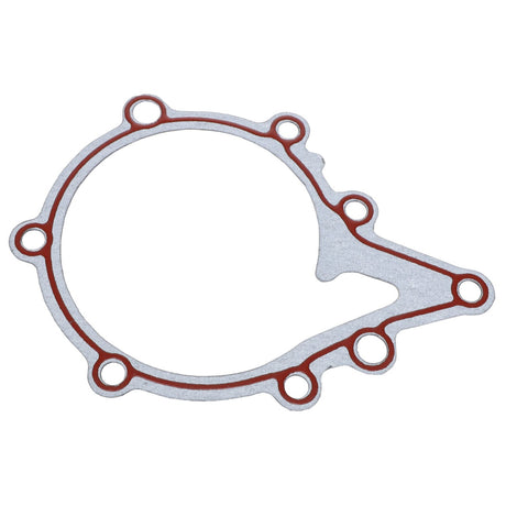 An image of the AGCO | Joint - Acp0375070 metallic engine gasket by AGCO, featuring a circular design with six bolt holes and an extended tab on one side. No current product description available.