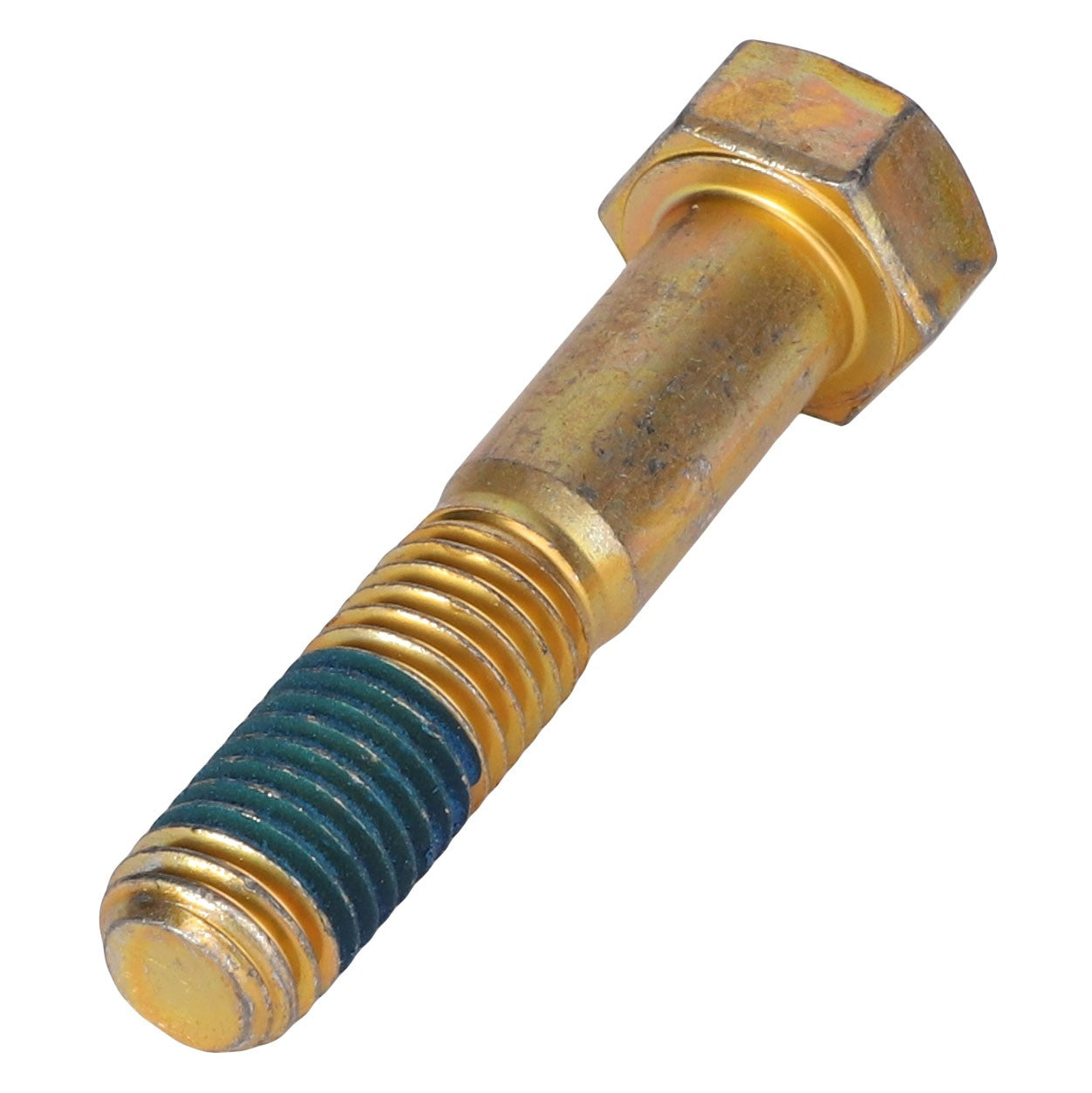 The AGCO Hex Cap Screw - Acw7052780, a golden-colored hex bolt with a partially threaded shaft and blue thread locker on the threads, is brilliantly highlighted against a white background.