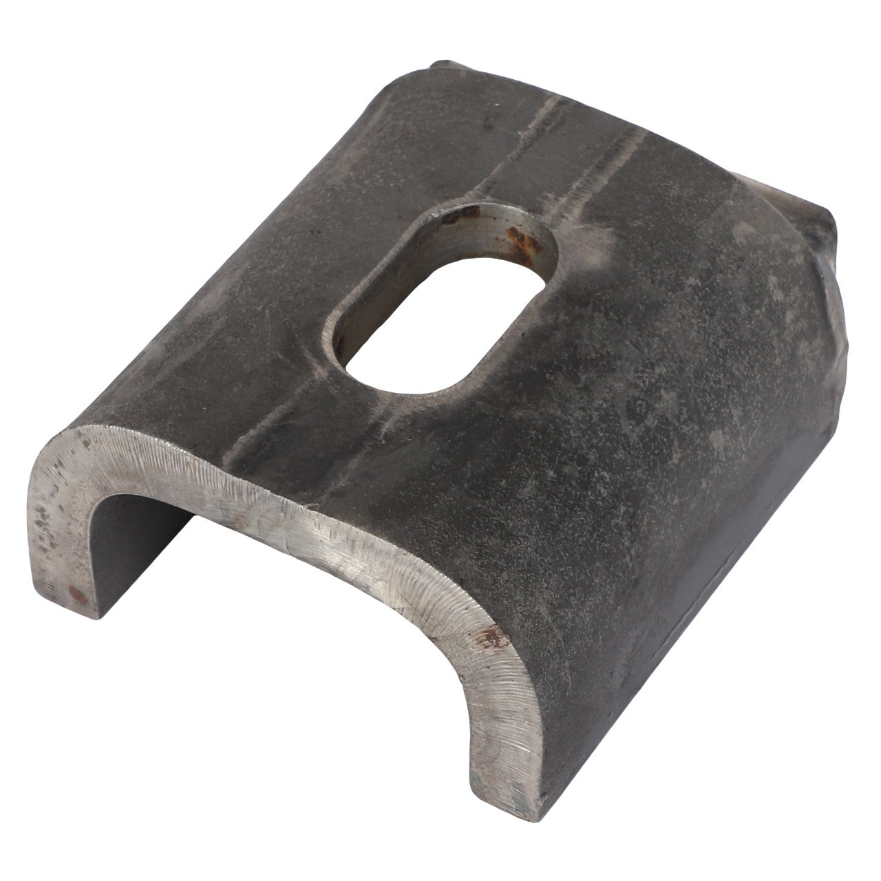 A close-up of the AGCO | SUPPORT - AL10834147, a metallic, curved bracket with a rectangular hole in the center. The bracket displays a worn, slightly corroded appearance. No current product description information is available for this item.