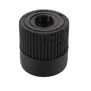 A black, ribbed, cylindrical knob with a threaded hole at the center, compatible with 2WD and 4WD Massey Ferguson models; known as the AGCO Button - 1424868M1.