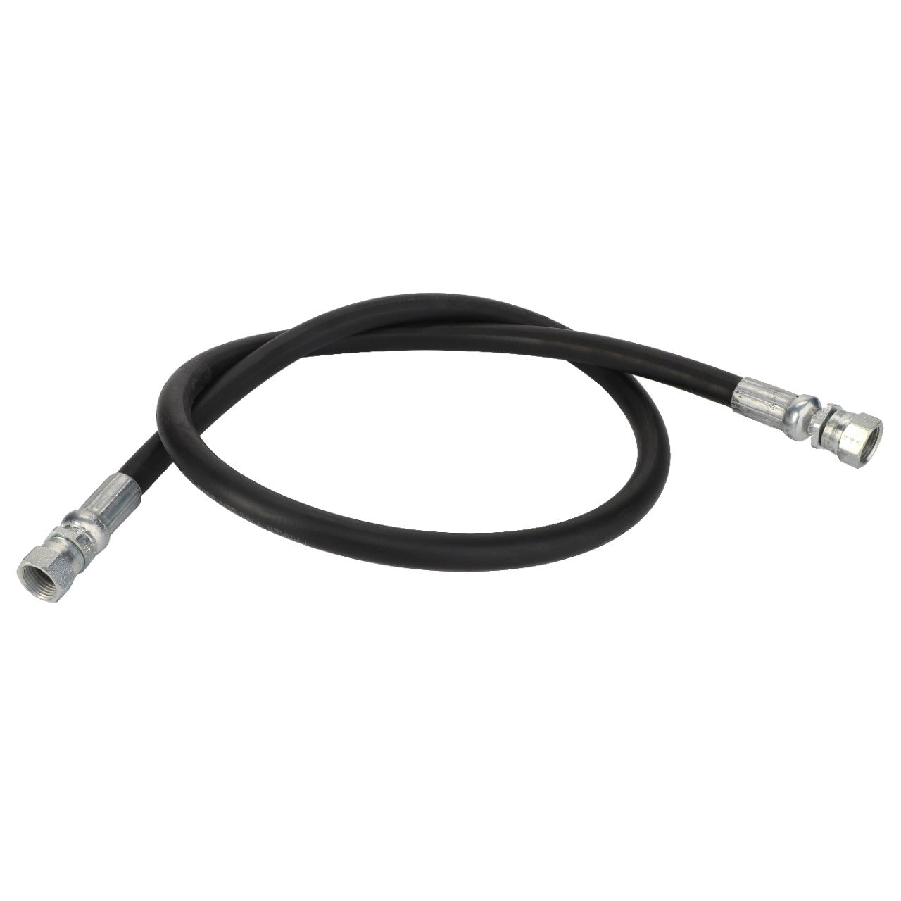 Introducing the AGCO | Hydraulic Hose - Acp0012580 by AGCO: a flexible black rubber hose equipped with durable metal couplings on both ends. No current product description available.