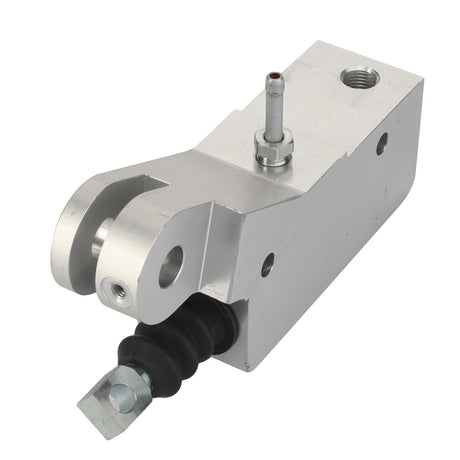 The AGCO Master Cylinder (model ACW2290150) from the AGCO brand is a metal mechanical component featuring a rectangular body with cylindrical protrusions, an attached rubber boot, and a pivoting element secured by a bolt.