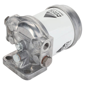 A close-up of a metallic automotive fuel filter assembly designed for Massey Ferguson models, featuring a white cylindrical filter cartridge labeled "ACP0549800" by AGCO.