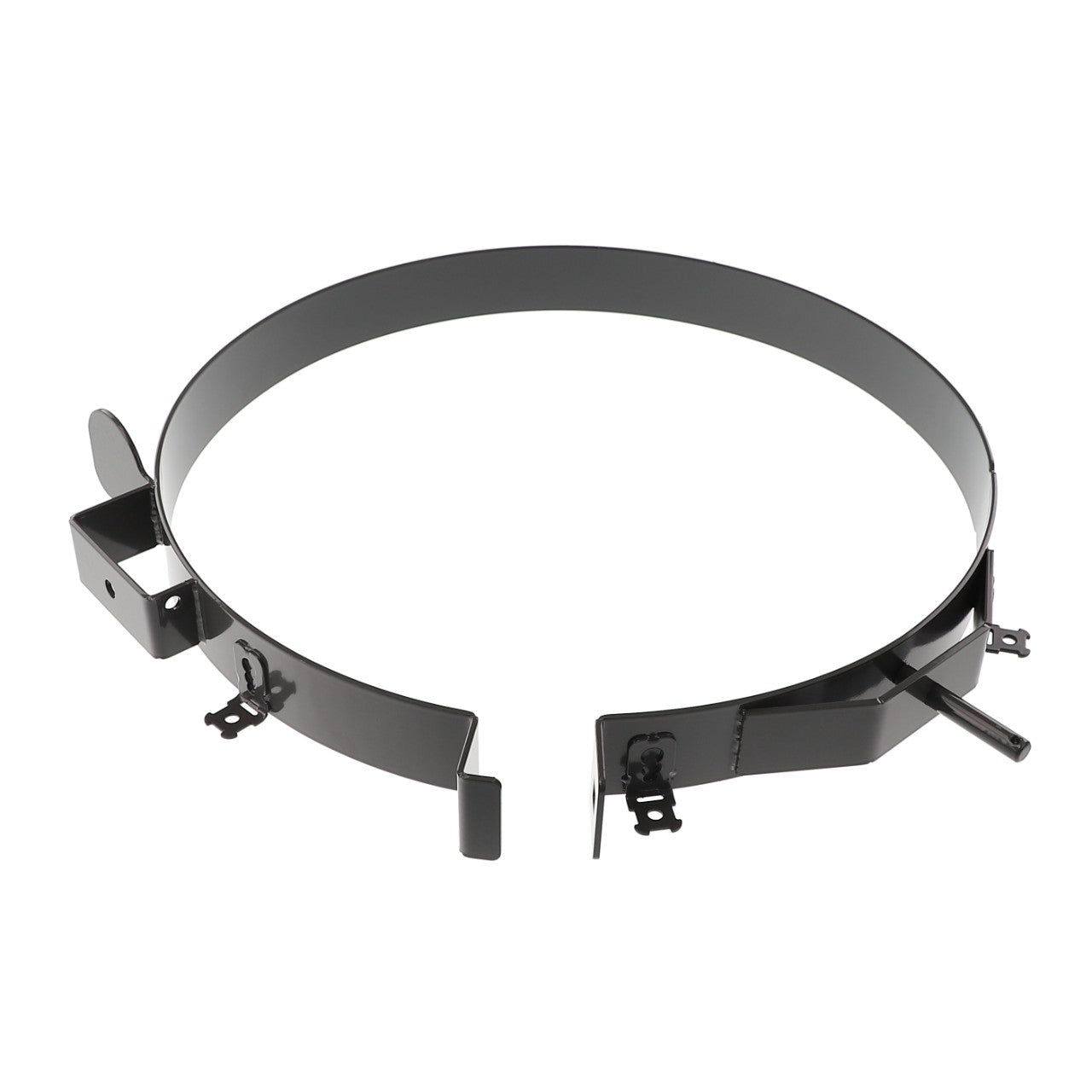 The AGCO | Actuator Support - Acw191861A, a circular metal band with attachments, features a hinged section and a small protruding rod on one side, offering secure fastening and easy adjustments.