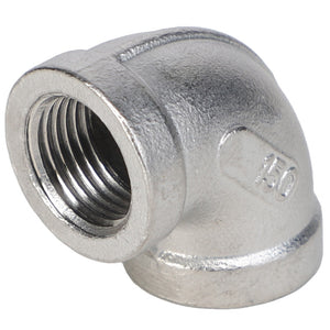 A metal elbow pipe fitting with threaded ends, embossed with the marking "150," is available under the product name AGCO | ELBOW - AG051931 from the brand AGCO. For ordering questions, please contact our support team.