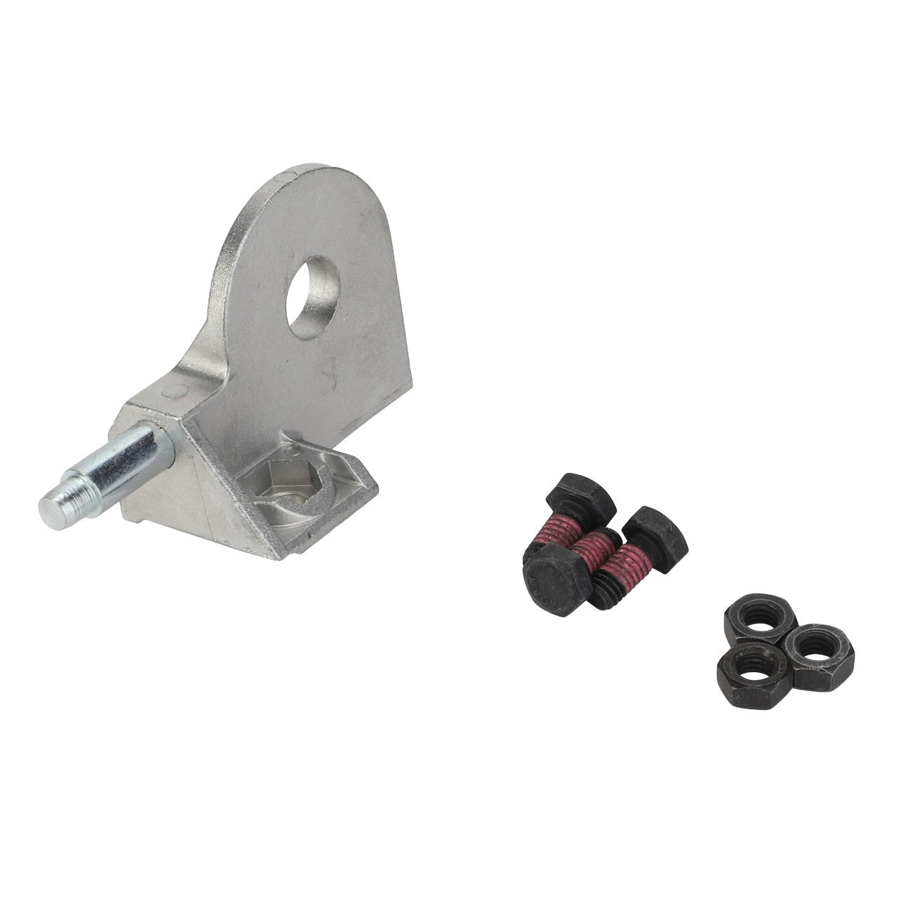 A sturdy metal AGCO mounting bracket, Stop - F222502031060, with a bolt is displayed alongside three black bolts featuring striking red threads and three hex nuts, all perfectly arranged against a clean white background.