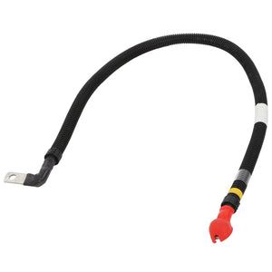 The AGCO Battery Cable - Acx248110B by AGCO is a black and red automotive cable featuring a wrapped section, a metal connector on one end, and a red plastic fitting on the other end. Please note that no current product description information is available for further details.