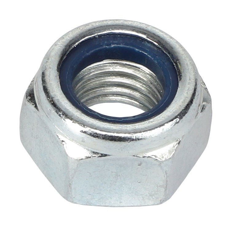 A close-up image of the AGCO | NUT - AL5011911, a metal hex nut featuring a blue nylon insert, exemplifies precision engineering. The current product description highlights the meticulous detail in this component.