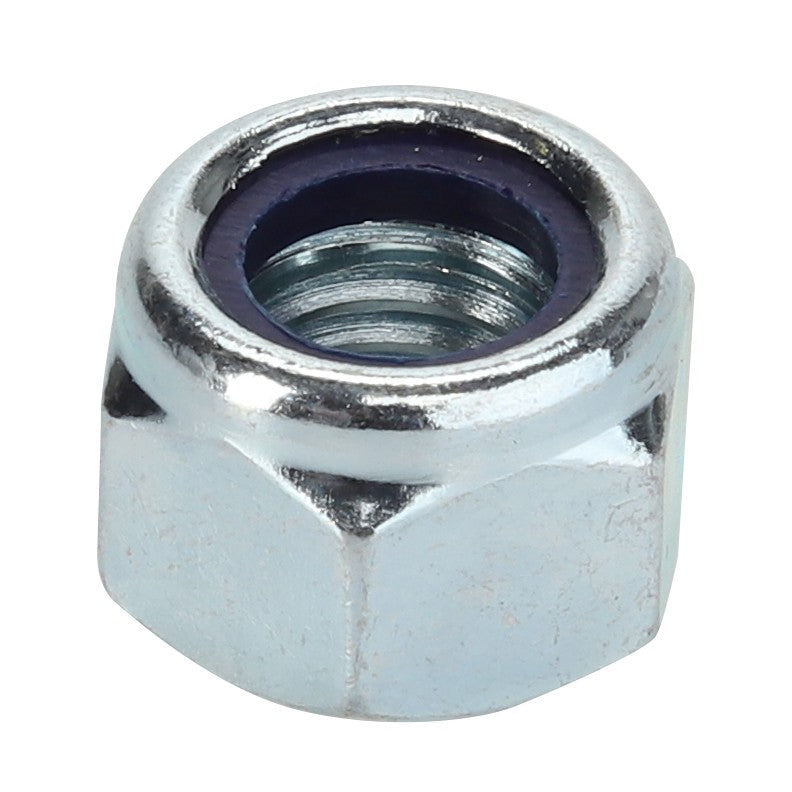 Close-up of the AGCO NUT - D41092600, a hexagonal metal nut featuring internal threading and a distinctive dark ring on the upper edge.