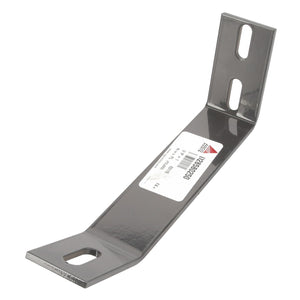 The AGCO | BRACKET - D28580250, branded by AGCO, is a metal bracket designed with two elongated holes on one end and one elongated hole on the other end, and it features a white label with text. No Current Product Description Information Available.