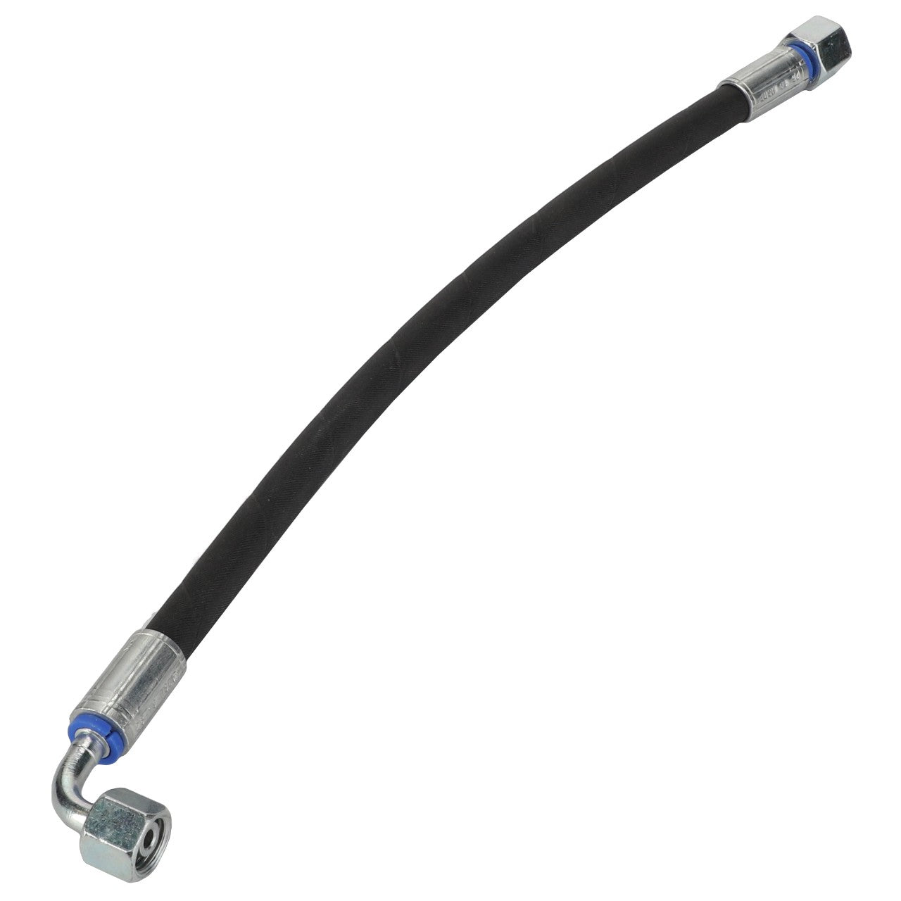 AGCO's HYDR. HOSE - ACW1118740 is a flexible black rubber hose with silver metal fittings on both ends; one end features a straight fitting, while the other is angled.