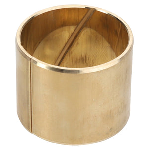 There is currently no available product description for the AGCO Bush - F184300020341, a cylindrical brass bushing with a slit along its height and an internal groove.