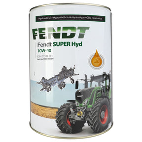 A 20L tin can of AGCO's Fendt Superhyd 10W-40 hydraulic oil (product code FX991500371), featuring a green Fendt tractor and an internal component illustration on the label, is ideal for maintaining efficient hydraulic systems.