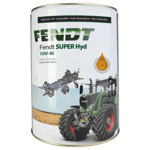 A 20L tin can of AGCO's Fendt Superhyd 10W-40 hydraulic oil (product code FX991500371), featuring a green Fendt tractor and an internal component illustration on the label, is ideal for maintaining efficient hydraulic systems.