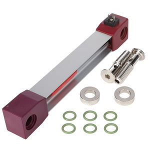 A silver and red metal linear rail, known as the AGCO SIGHT GAUGE - D45080021, comes with two mounting screws, four washers, and seven green rubber O-rings. No current product description information is available.