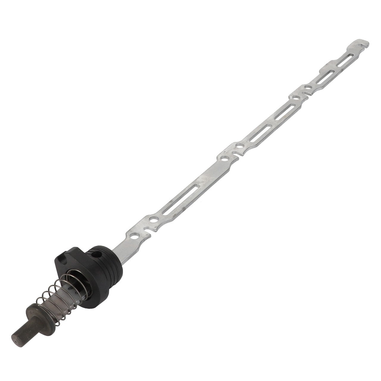 The AGCO Control Rack - F119200211240 is an elongated metal rod with a black cylindrical base, featuring a spring mechanism and multiple rectangular cutouts along its length.