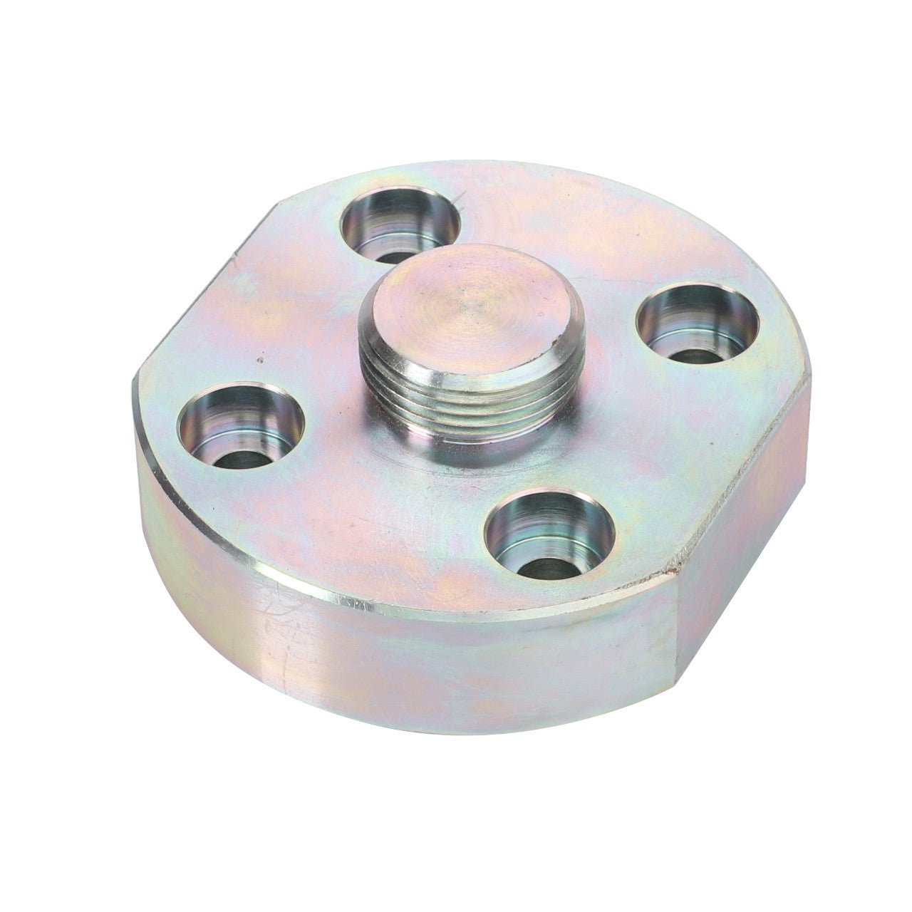 The AGCO Cooling Fan Spacer (Part No. 3780425M3) by AGCO is a metallic, cylindrical component with multiple circular holes and a central raised section, designed for use in mechanical or industrial systems in Fendt models.