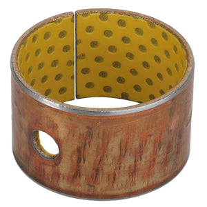 Currently, no product information is available for the AGCO BUSH - AL60004007, a bronze cylindrical bushing with a yellow inner lining and perforations, featuring a single visible hole on the side.