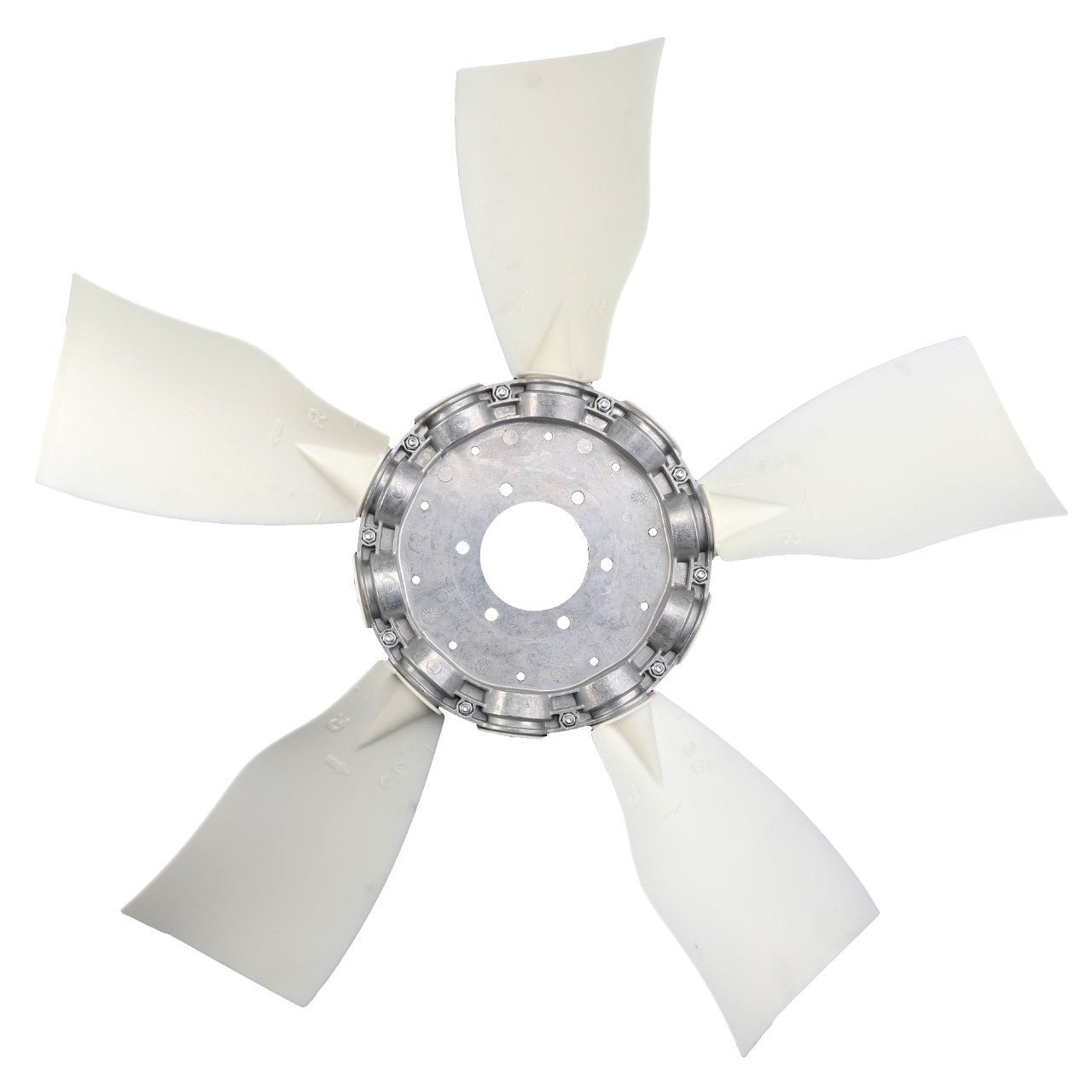 The AGCO Fan Blade, 5 Blades - Acw3375260, a white and silver industrial fan with a central metal hub made from high-grade materials, showcased on a plain white background, ensures efficient engine temperature management.