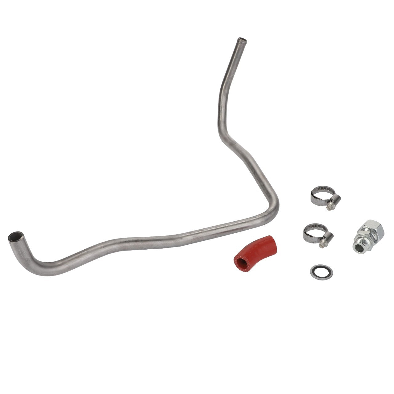 AGCO Conversion Kit - V837091576, featuring a metal tube with a 90-degree bend, rubber elbow, two hose clamps, washer, and a metal fitting arranged on a white background. Suitable for Massey Ferguson models.