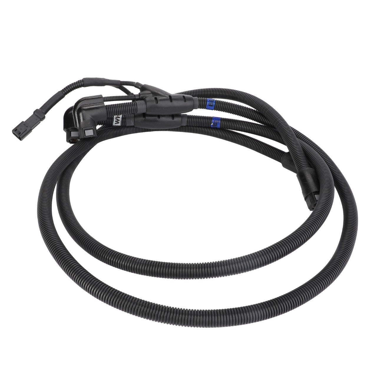 The AGCO Def Hose - Acp0432570 is a coiled black electrical wiring harness with connectors at both ends, featuring black corrugated tubing for protection and blue labels indicating components.