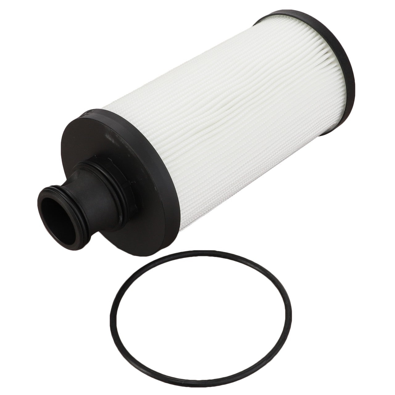 The AGCO Fuel Filter Cartridge - ACP0534350 is a cylindrical air filter featuring pleated white material, black end caps, and an included rubber O-ring gasket, making it perfect for ensuring cleaner fuel through an AGCO Fuel Filters system.