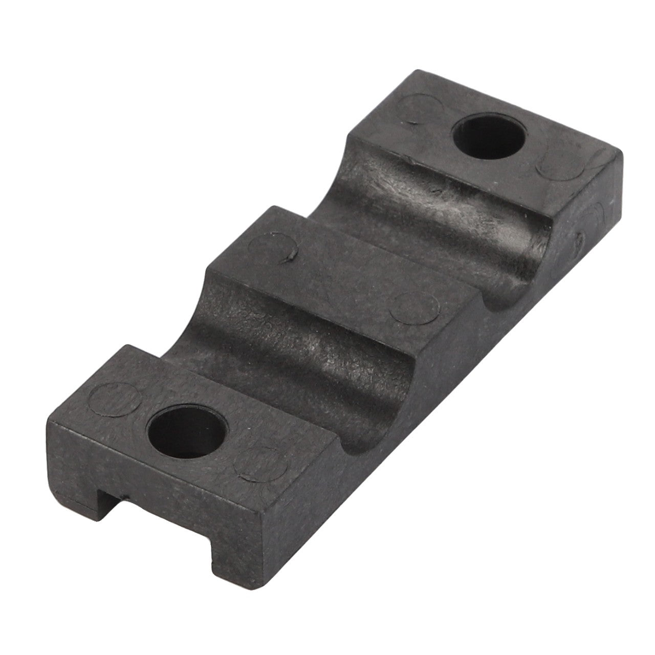 The AGCO Clamp - Acw088197A is a black metal bracket with a rectangular base, featuring two large circular holes and one square cut-out. No current product description information is available for this item.