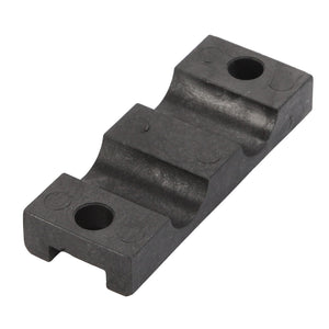 The AGCO Clamp - Acw088197A is a black metal bracket with a rectangular base, featuring two large circular holes and one square cut-out. No current product description information is available for this item.