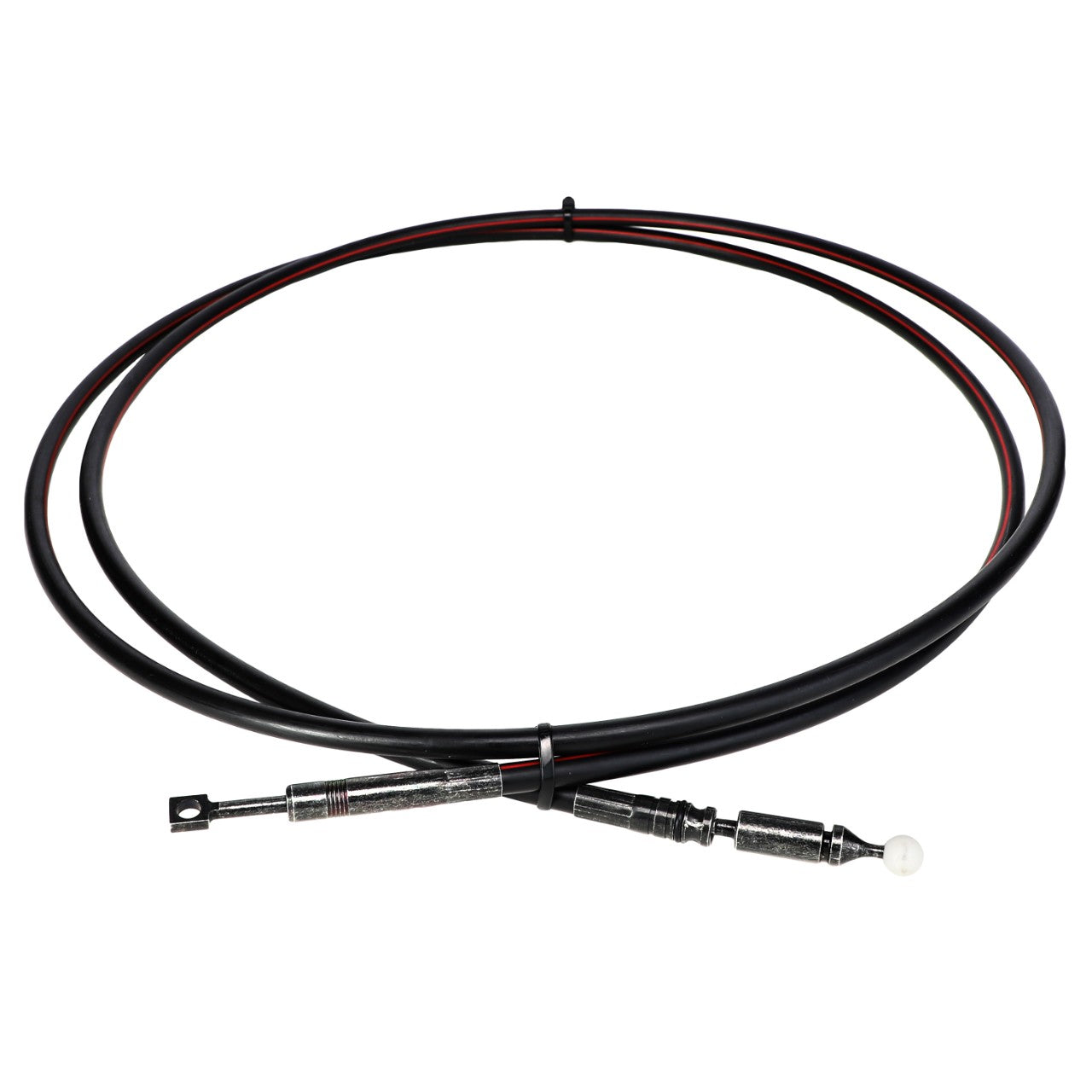 A photograph of the AGCO Control Cable, Loader - AL5020950, a black motorcycle throttle cable with metal fittings at both ends, showcasing the precision and durability synonymous with AGCO machinery components.