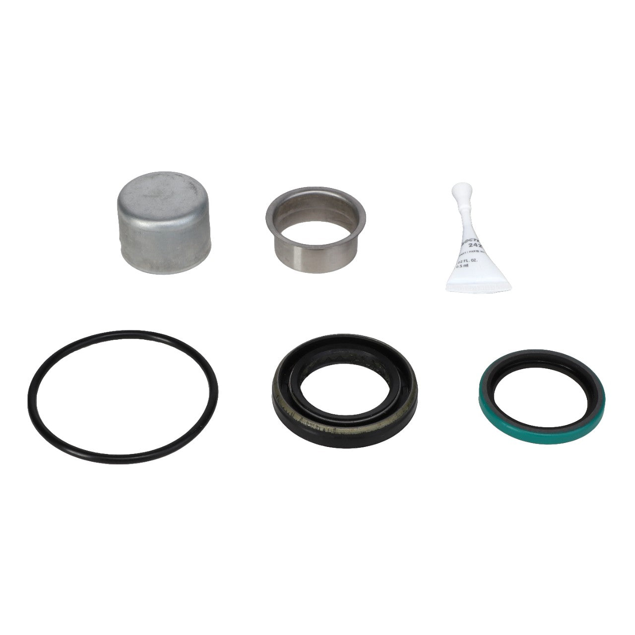 The AGCO | SEAL KIT - AG715838 is an automotive wheel bearing seal kit featuring a metal cover, seal rings, a bushing, and a small tube of lubricant. Crafted from the highest quality materials to meet AGCO Equipment standards, this kit ensures durability and performance.