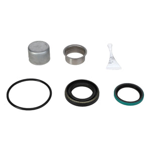 The AGCO | SEAL KIT - AG715838 is an automotive wheel bearing seal kit featuring a metal cover, seal rings, a bushing, and a small tube of lubricant. Crafted from the highest quality materials to meet AGCO Equipment standards, this kit ensures durability and performance.