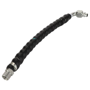 The AGCO Hose - Acw3349710, a flexible black rubber hose with metallic connectors at both ends, is expertly designed for fluid or gas transfer. Its efficiency and reliability are unparalleled by any current product description.