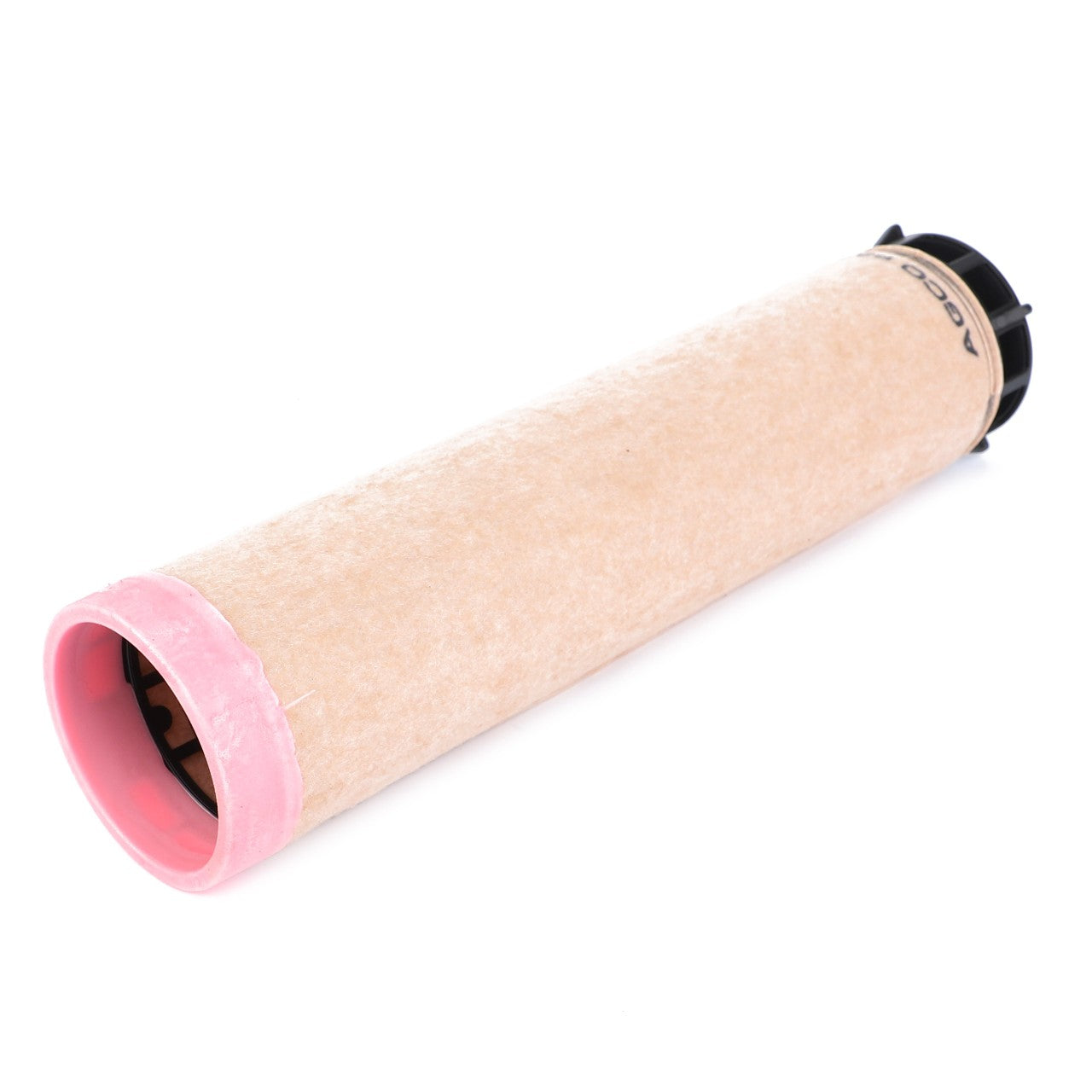 The AGCO | Engine Air Filter Cartridge - H117200090160 is a cylindrical air filter featuring a pink and black end, designed to deliver high filtration efficiency, ideal for both automotive and industrial applications.