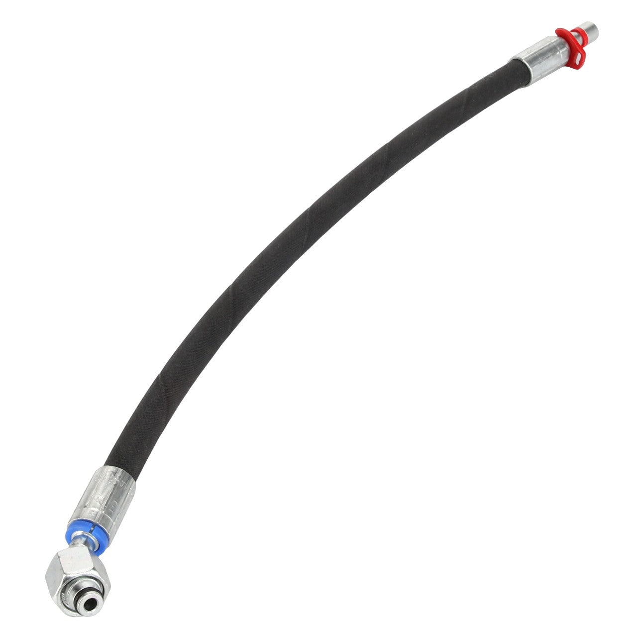 The AGCO | Hose - Acw377385A is a flexible black hydraulic hose featuring metal fittings on both ends, identified by a blue band on one fitting and a red band on the other. Unfortunately, there is no additional product description information available at this time.