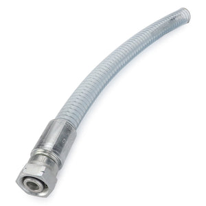 Introducing the AGCO | HOSE - D45130050 by AGCO, featuring a flexible metal conduit with a threaded fitting on one end and a straight, adaptable length.