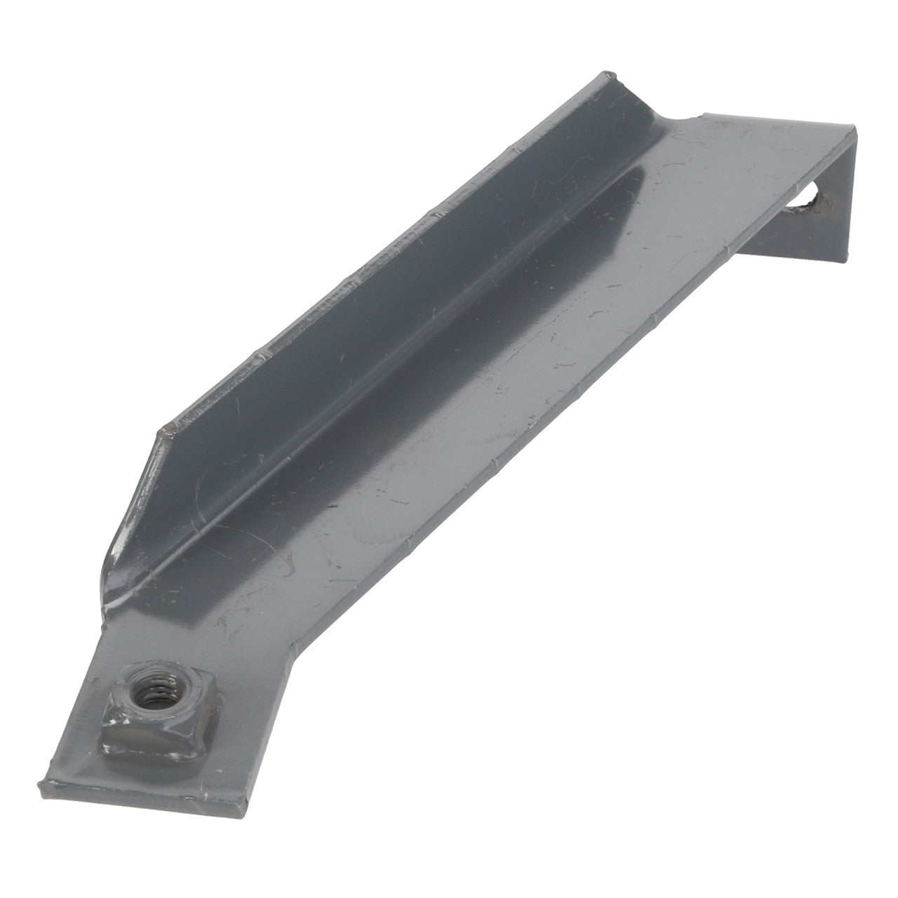 The AGCO | BRACKET - D28485306 is a grey metal bracket with a flat base, an angled edge, and a pre-drilled hole at each end. No additional information is available.