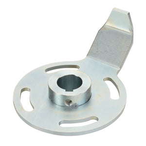 The AGCO BRACKET - D28285130 is a metal circular component with a central hole and side slots, featuring an extended flat tab on one side. No current product description information is available.