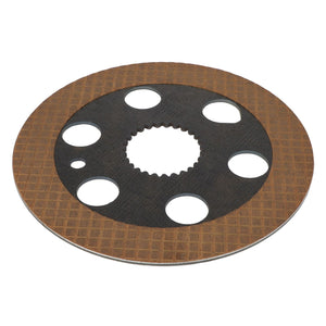 The AGCO | Brake Disc - Acw0995200 is a round metal disc featuring a grid-textured brown surface with several circular cutouts surrounding a central gear-like hole. It is designed by AGCO to meet the highest specifications for wet or dry braking systems, ensuring efficient performance in diverse conditions.